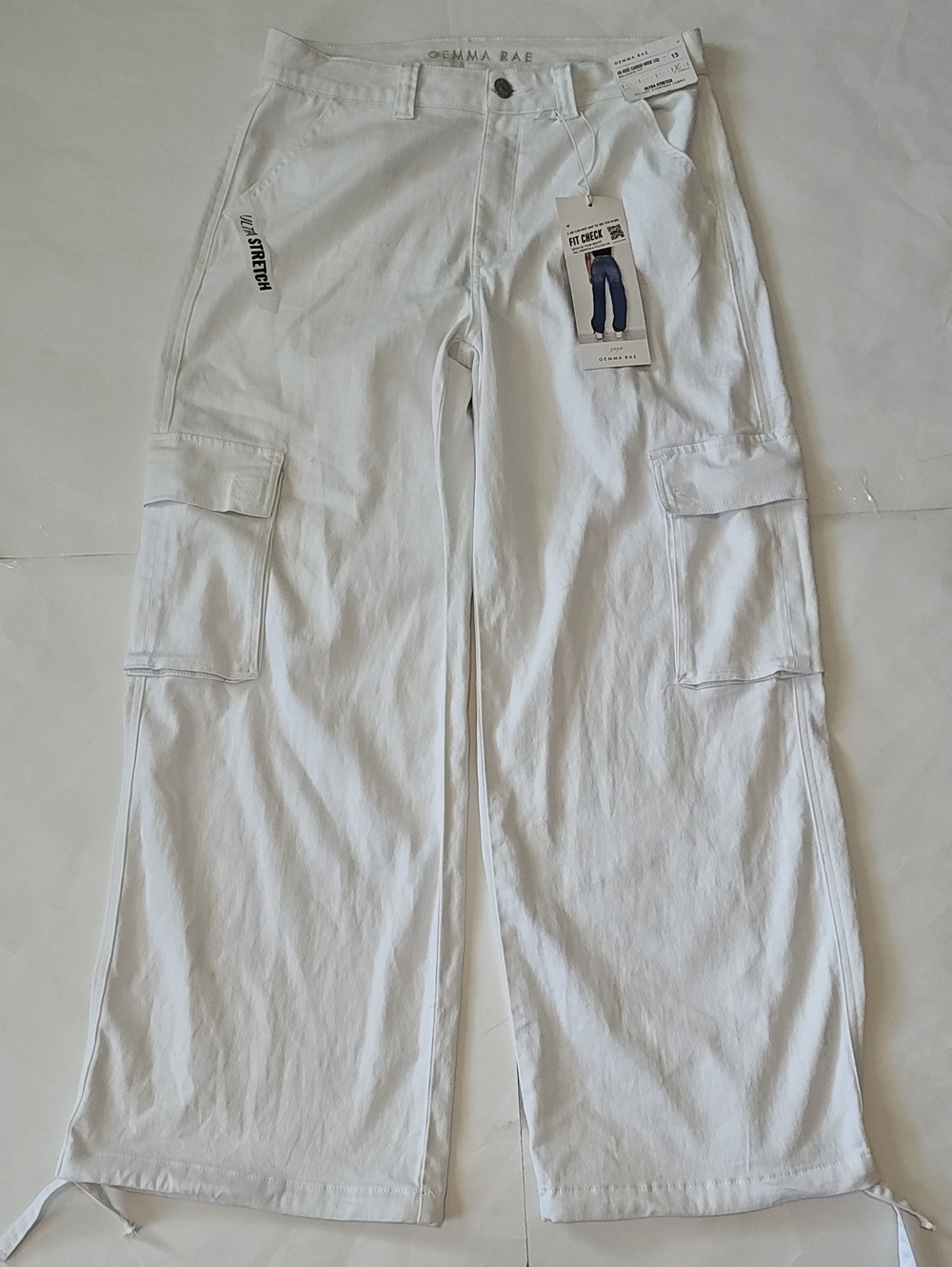Women Gemma Rae White Cargo Wide-Leg Pants Hi Rise White Draw String Leg